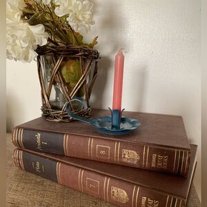 Vintage Blue Metal Candle Holder with Pink Candle